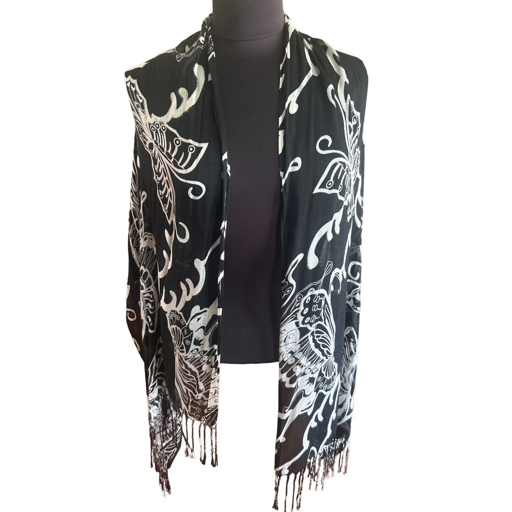 Natasha Black & Beige Butterfly Print Viscose Scarf Shawl Wrap